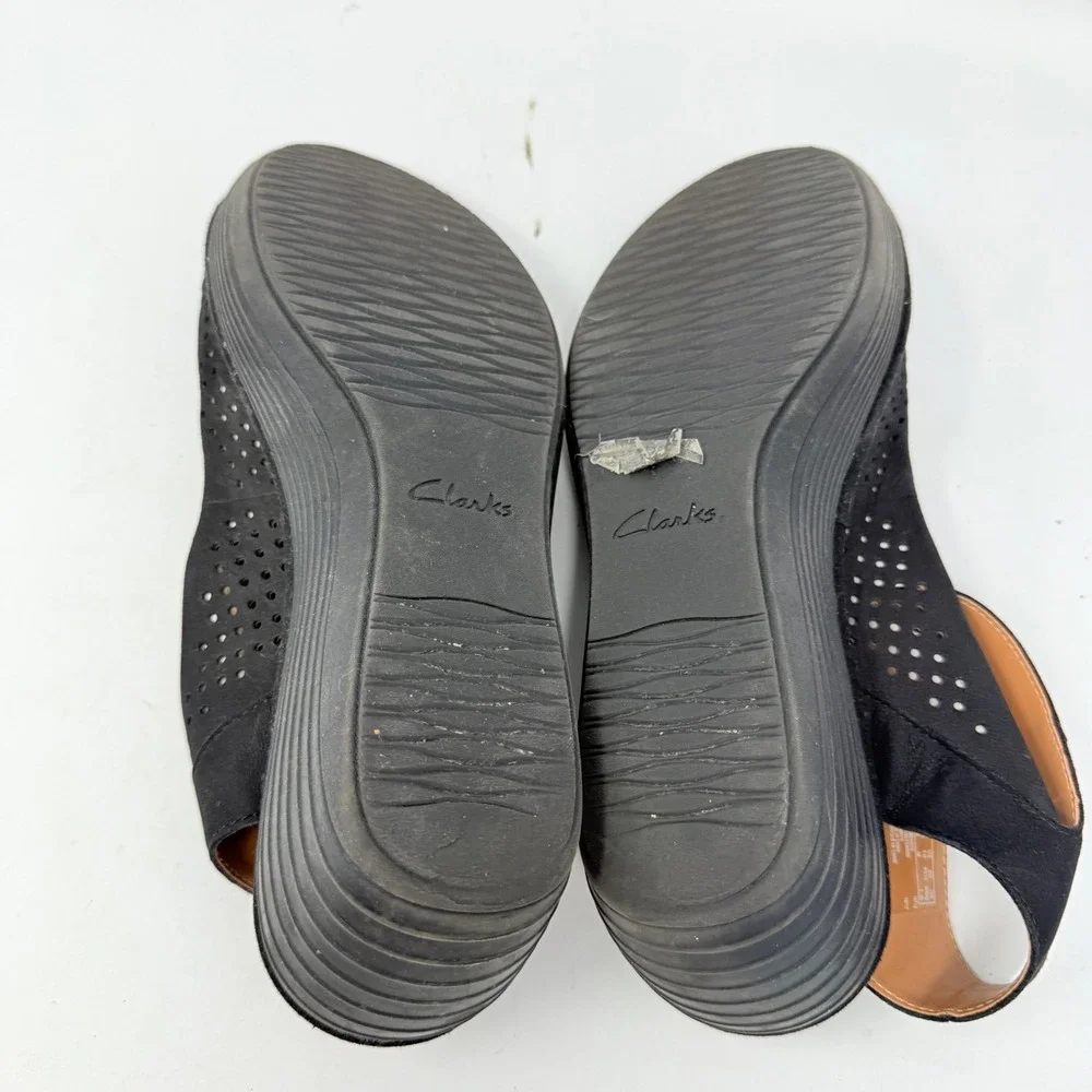 Clarks‎ Womens Black Perforated Wedge Sandals Ankle Strap Comfort Size 10